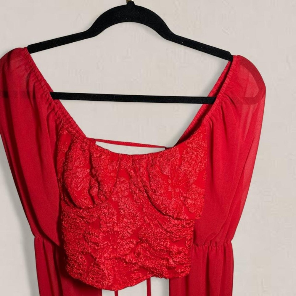 SHEIN Red Lace Corset Crop Top Sheer Puff Sleeve Tie Back Size Large - Picture 4 of 7